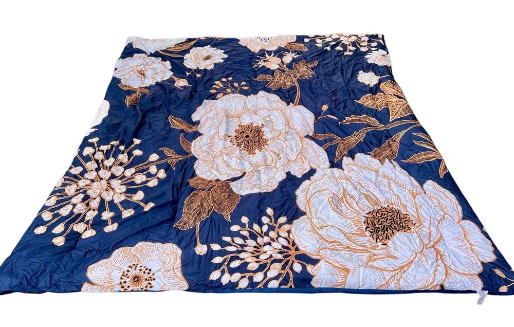Luxudecor Floral Queen Comforter Navy Blue & Gold Botanical Reversible Bedding